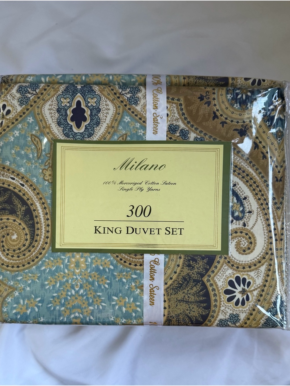 Milano King Duvet Set 3pc 300 TC 100% Cotton Sateen Blue Gold Paisley Medallion